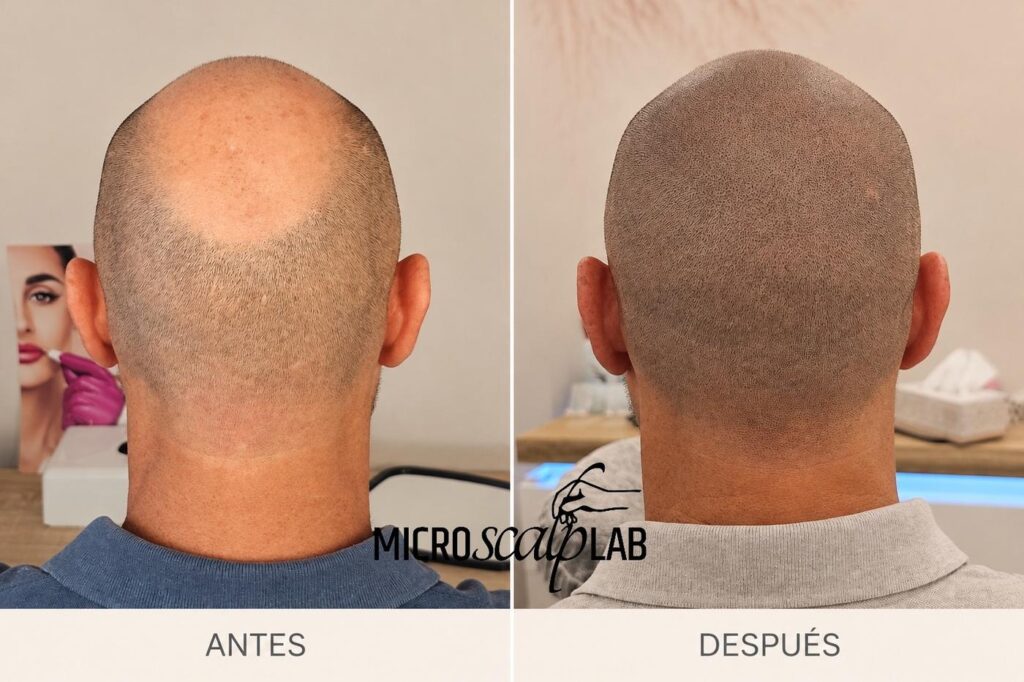 Micropigmentación capilar antes y después en la coronilla